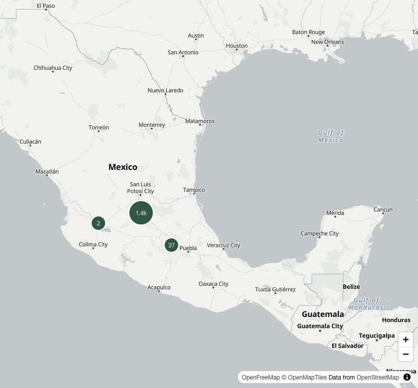 Mapa de la plataforma: grupos de envases recuperados sobre el mapa de México